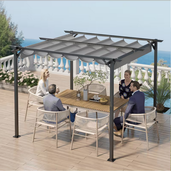 Metal Pergola 8FT Parasol Retractable Roof Water-Resistant And SPF15 PU Coated Canopy Home Garden Patio Lawn Party BBQ (Copy)
