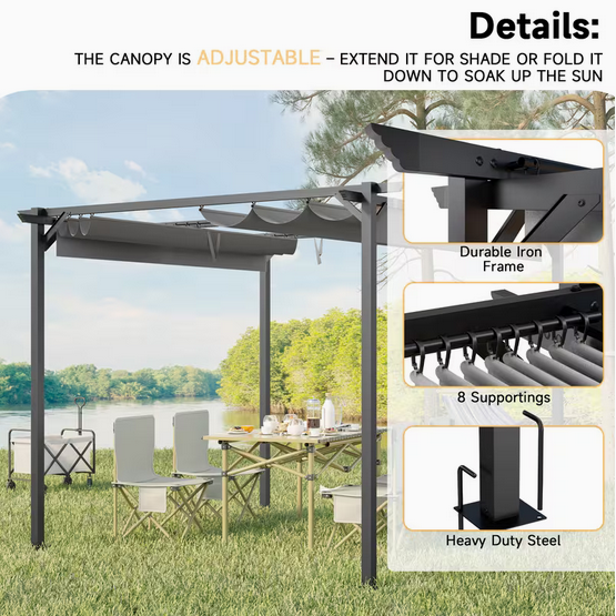 Metal Pergola 10FT Parasol Retractable Roof Water-Resistant And SPF15 PU Coated Canopy Home Garden Patio Lawn Party BBQ