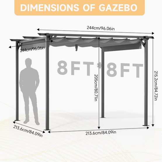 Metal Pergola 8FT Parasol Retractable Roof Water-Resistant And SPF15 PU Coated Canopy Home Garden Patio Lawn Party BBQ (Copy)