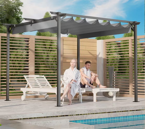 Metal Pergola 8FT Parasol Retractable Roof Water-Resistant And SPF15 PU Coated Canopy Home Garden Patio Lawn Party BBQ (Copy)
