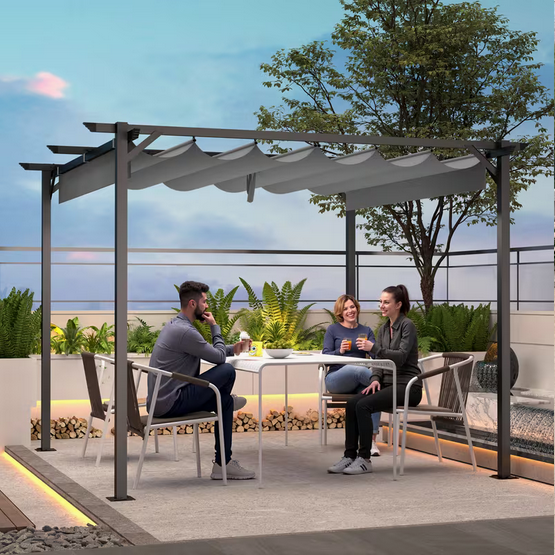 Metal Pergola 8FT Parasol Retractable Roof Water-Resistant And SPF15 PU Coated Canopy Home Garden Patio Lawn Party BBQ (Copy)