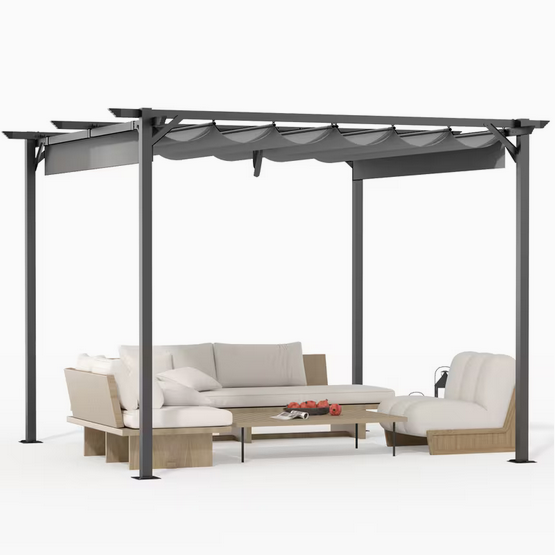 Metal Pergola 8FT Parasol Retractable Roof Water-Resistant And SPF15 PU Coated Canopy Home Garden Patio Lawn Party BBQ (Copy)